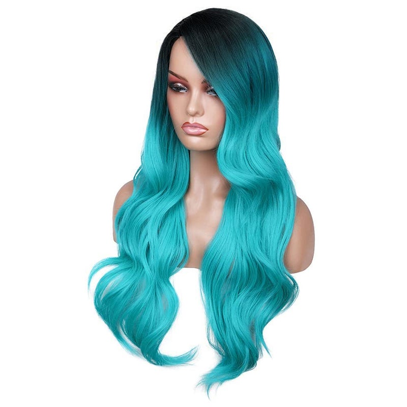 FAVE Ombre Bluish Green Wig Long Wavy Side Part Wigs Heat Resistant Synthetic Hair Teal Blue Mermaid Wigs for Women Teal Wig for Daily & Party Use(Ombre Bluish Green) - Image 5